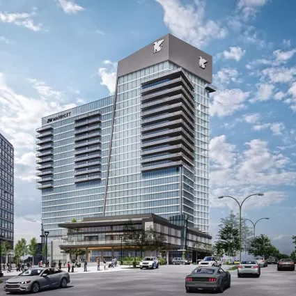 Exterior shot of a hotel and condo