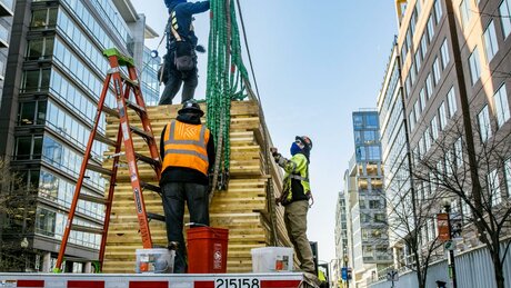 Three people with hard hats securing lumber on a truck