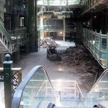 View from top of escalator of hollowed out building