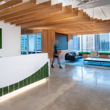 Office reception desk with ceiling wood panels