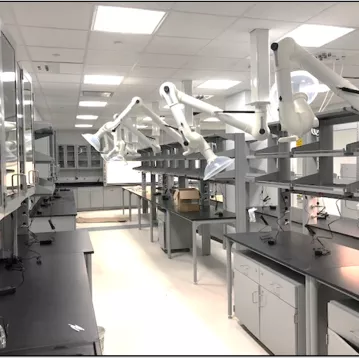 A laboratory with pieces of equipment on a shelf