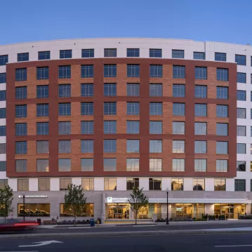 Exterior shot of a building at dusk.