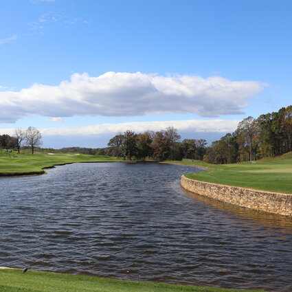 Landscape shot of a water feature in a golf course.