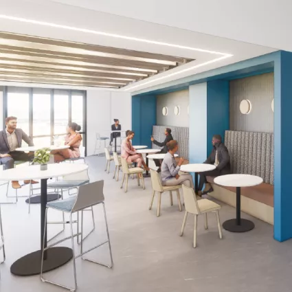 Rendering of an office kitchen with high-top tables and booths.