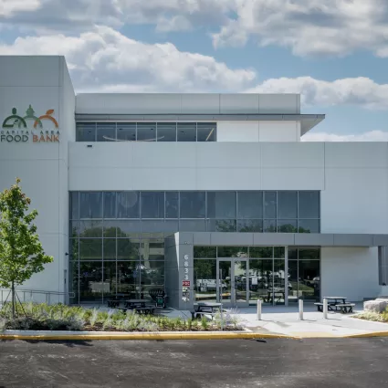 An exterior shot of a concrete building