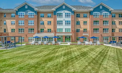 A facade of an affordable housing complex