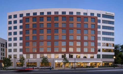 Exterior shot of a building at dusk.