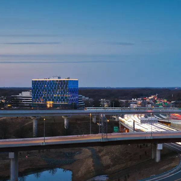 highways in foreground with Silverline building in the background