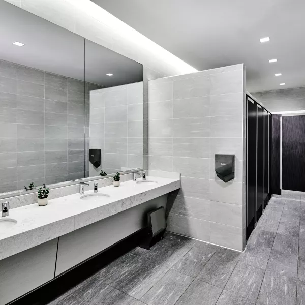 Photo of restrooms at Military Women's Memorial, complete with modern finishes and ADA accessibility.