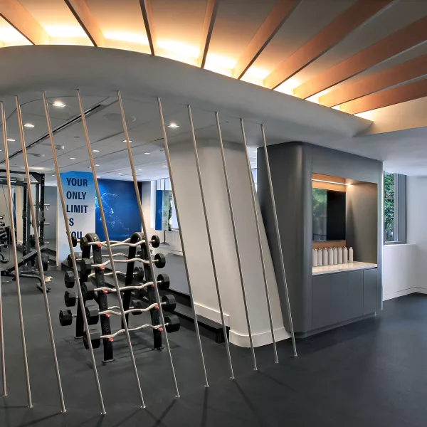 A shot of a renovated fitness center that includes a rack of free weights and a wall decal that reads "Your Only Limit Is You"