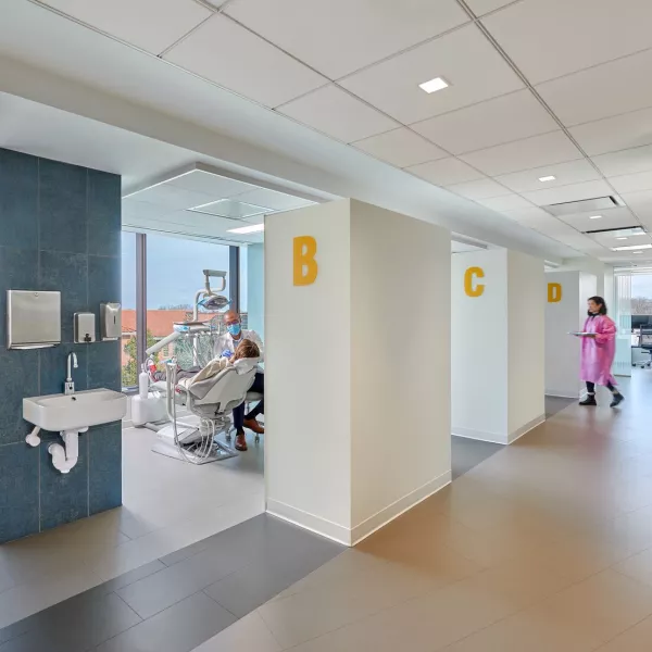 Clinical exam room and hallway