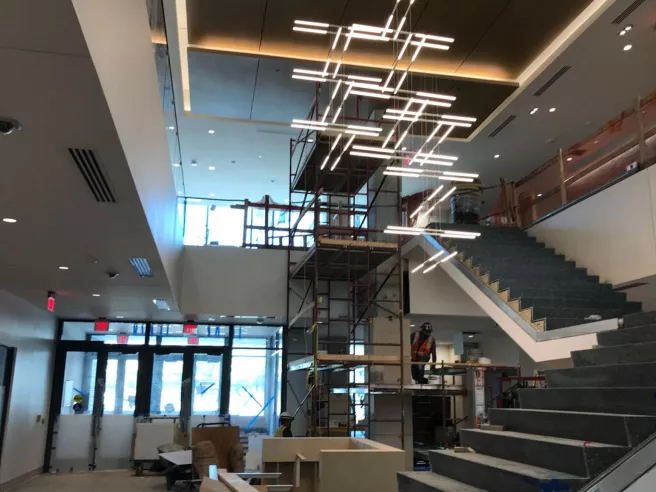 Interior view of City Hall Lobby with staircase on the right